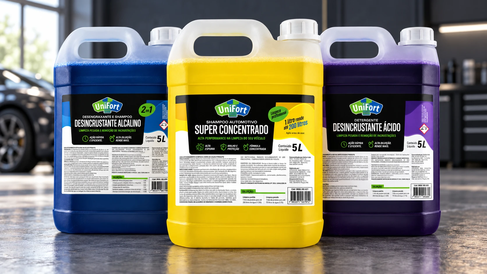 O trio de limpeza automotiva: Desincrustante Alcalino, Shampoo Super Concentrado e Desincrustante Ácido